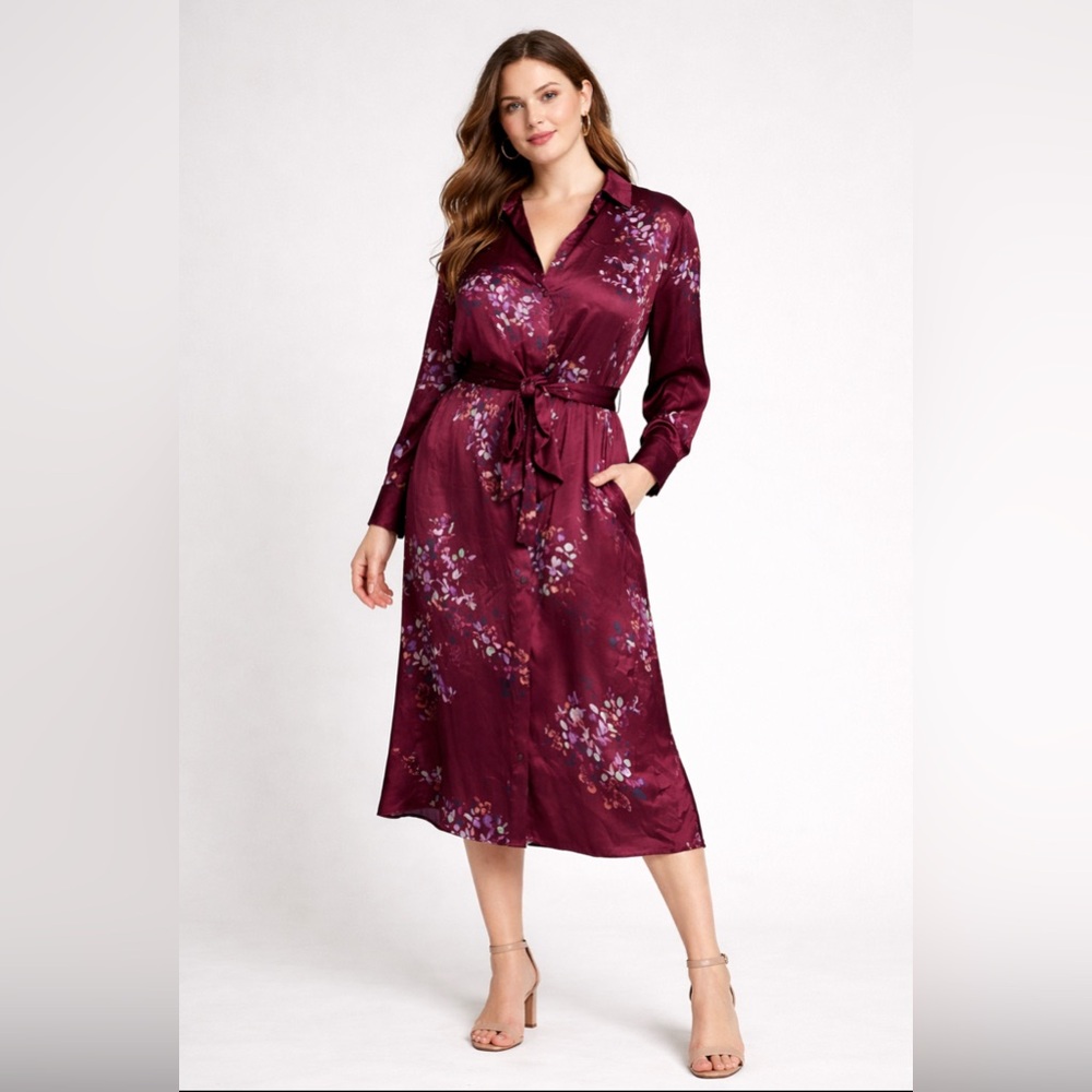 Vince Silk Floral Tie Waist Shirt Dress Burgundy Long Sleeve NWT 1X